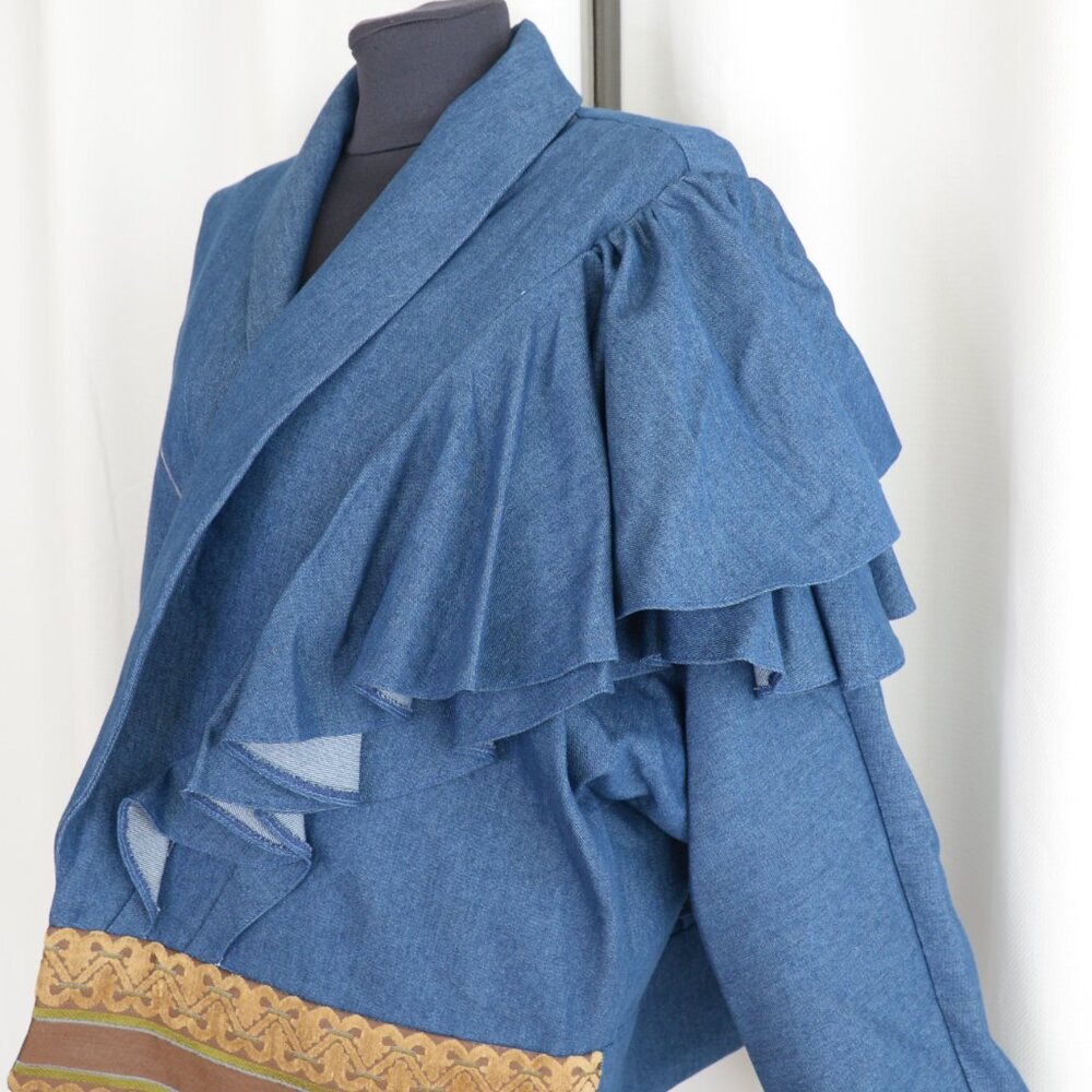 Handmade One of a Kind Denim Asymmetric Handpainted Ruffle Jacket Sz S-L - Picture 4 of 6